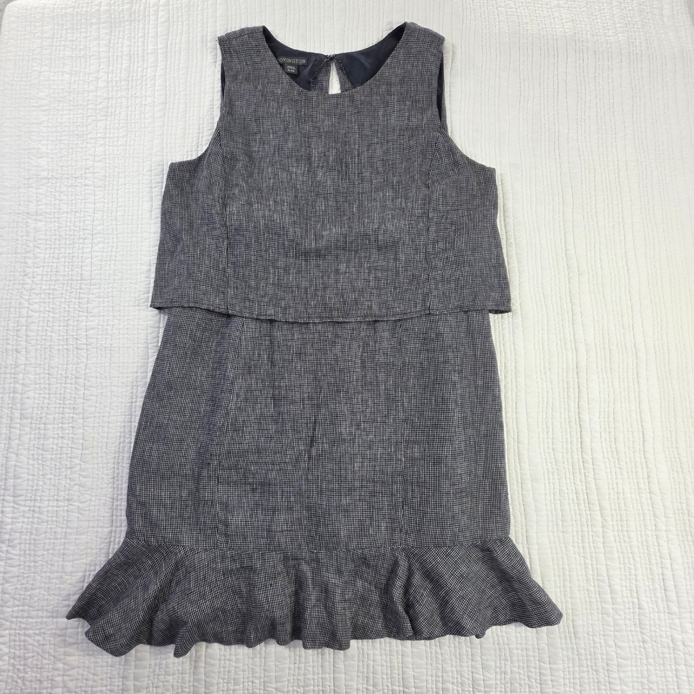 Covington Womens XL Gingham Dress Double Flounce Layer Popover Linen Blend Blue